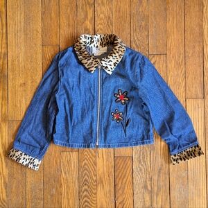 Denim Jacket with Floral Embroidery and Leopard Trim